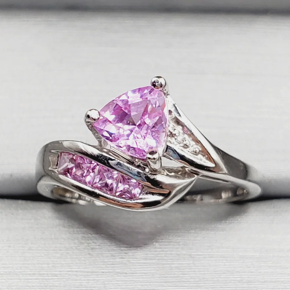 10k Solid White Gold Trillion Pink Sapphire & Diamond Accent Ring - Picture 1 of 4
